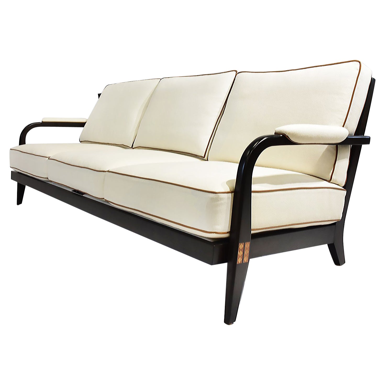 Le June Upholstery 3 Seat Club Havana Sofa Floor Model, Walnut Finished Mahogany For Sale