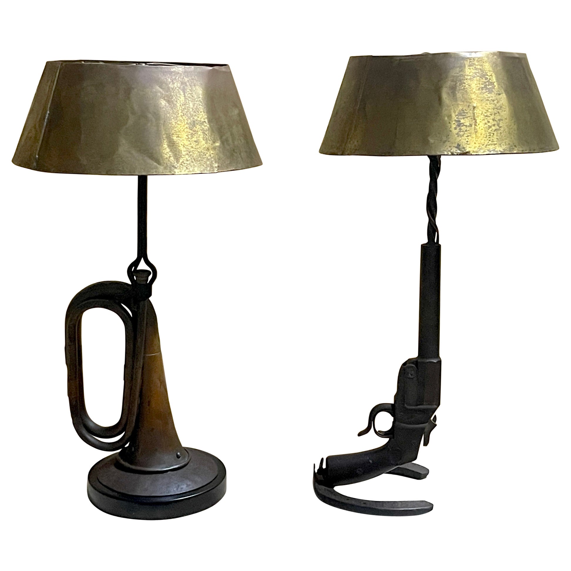 Pair of WWI Military Trench Art Memento Lamps with Bouillotte Style Shades  For Sale