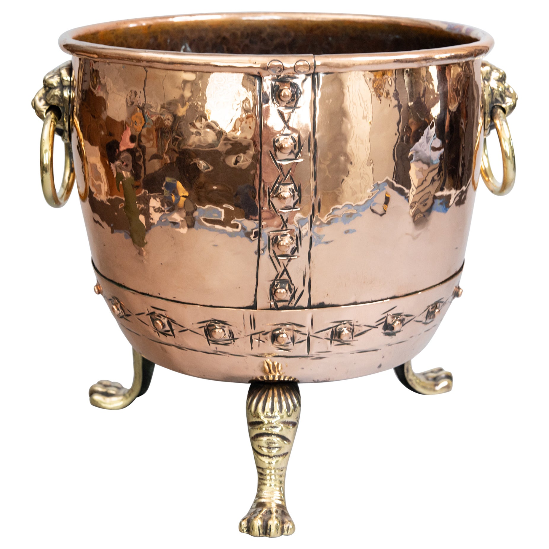 19th C. French Hammered Copper & Brass Lion Head Log Bin Jardiniere Wine Cooler For Sale