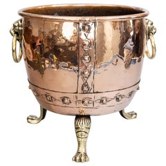 19th C. French Hammered Copper & Brass Lion Head Log Bin Jardiniere Wine Cooler