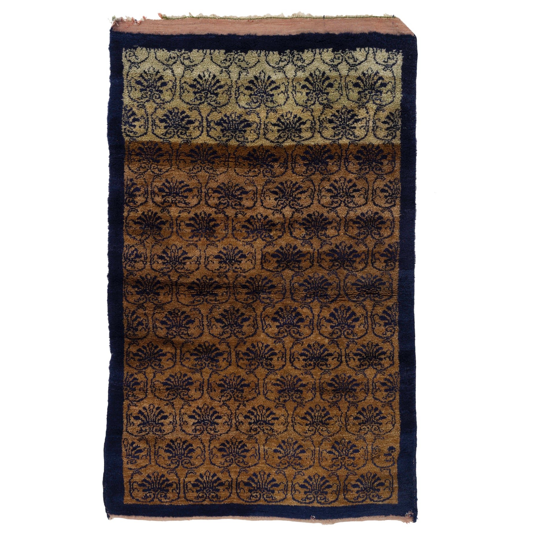 3.8x6 Ft Vintage Handgefertigter einzigartiger türkischer Tulu-Teppich in Kamel und Marineblau, alle Wolle