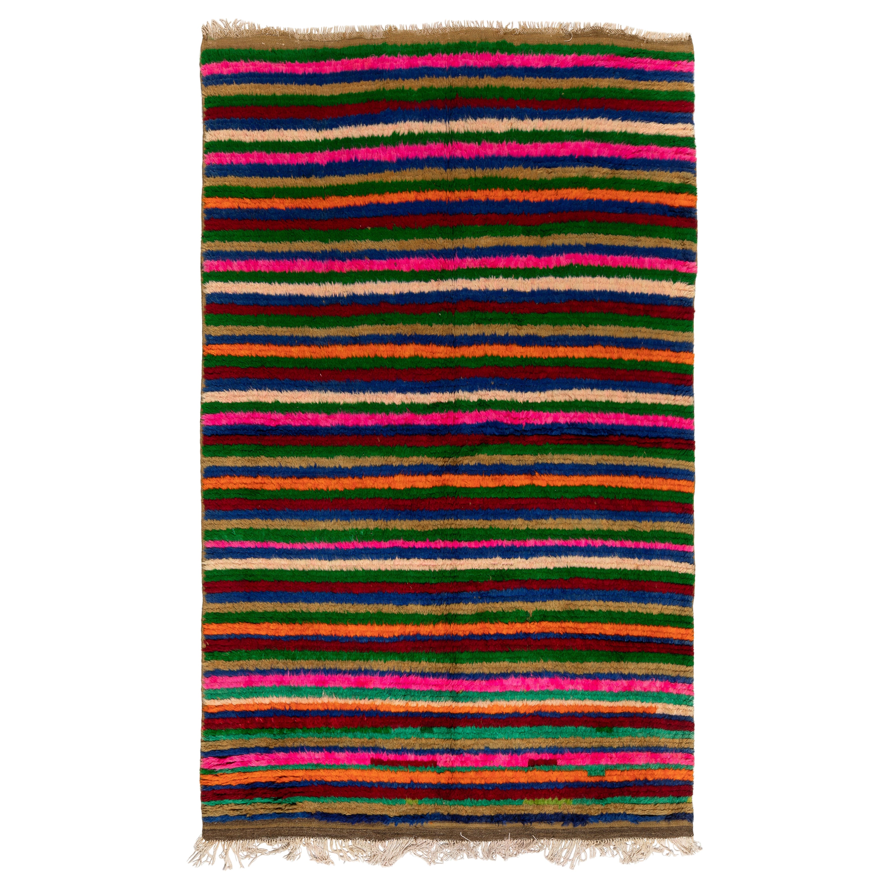 5.5x8.4 Ft Mehrfarbiger handgefertigter türkischer Tulu-Teppich mit Bändern im Vintage-Stil, weicher Wollflor im Angebot