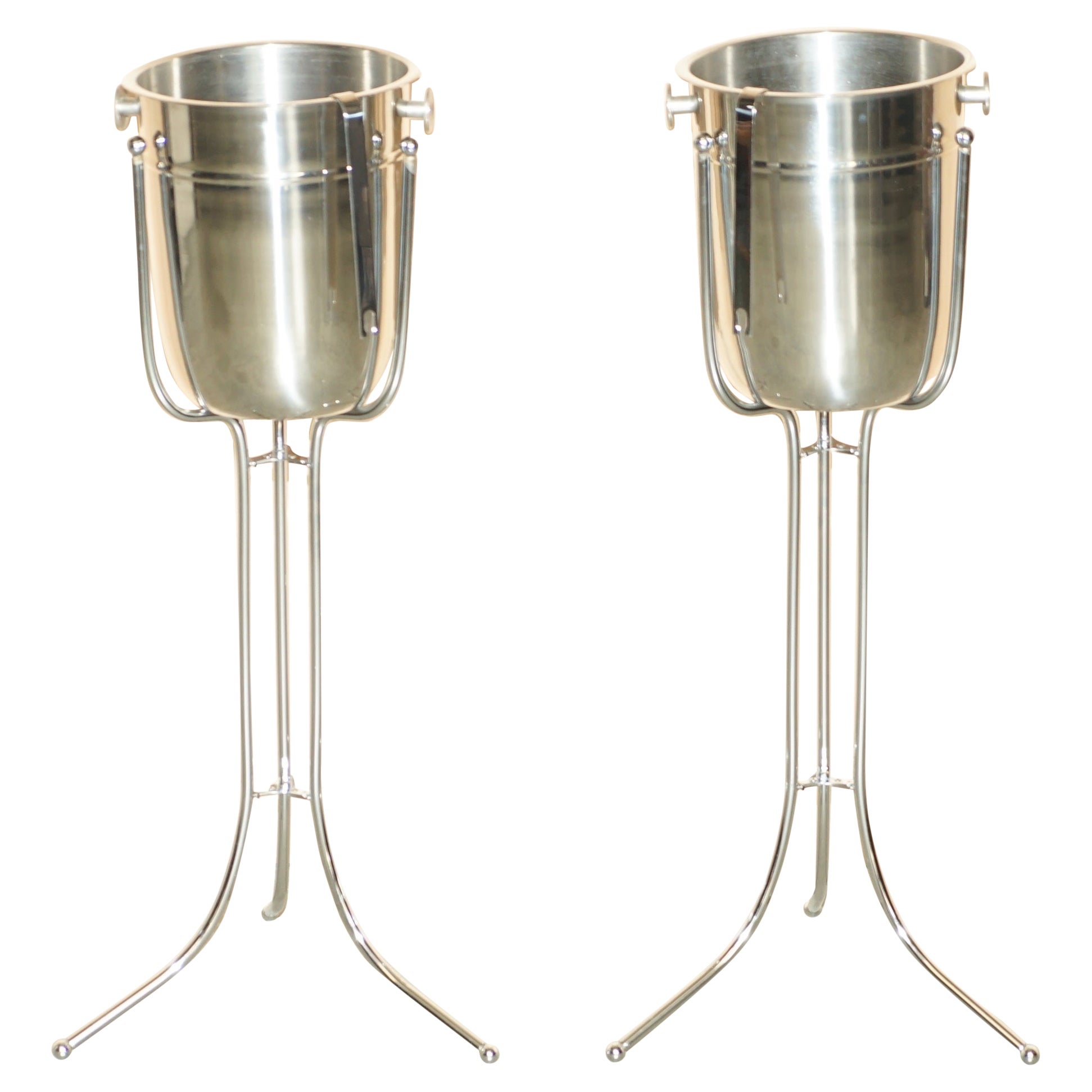 LUXURY PAIR OF CHAMPAGNE BUCKETS ON STANDS IN STAINLESS STEEl For Sale