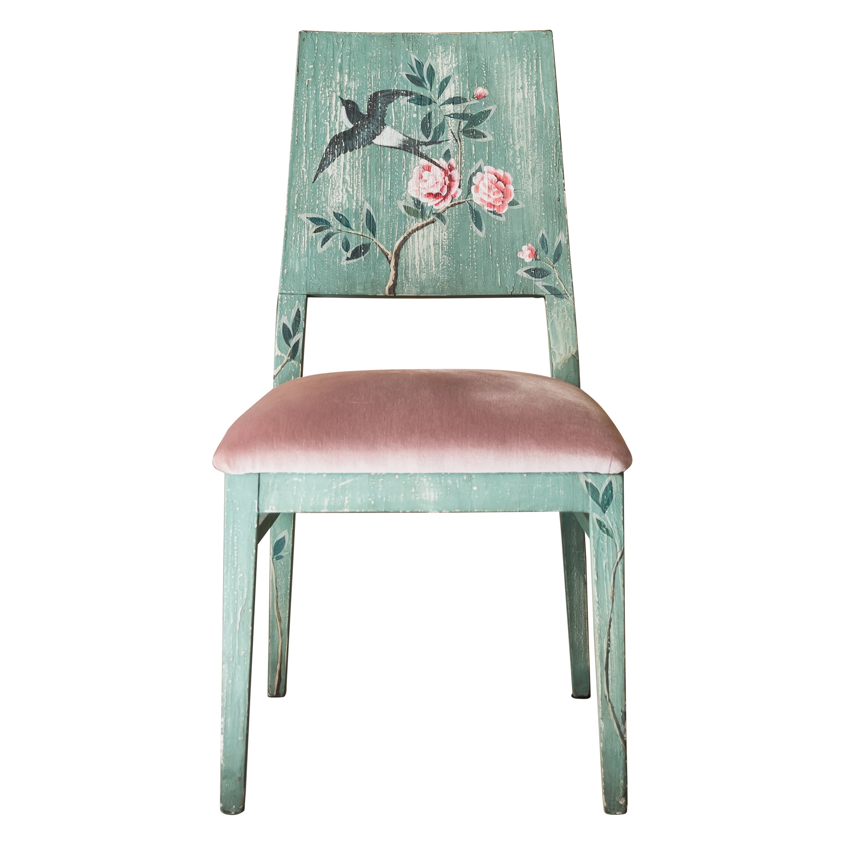 18th Century Hand Painted Venetian Green Indigo Dining Chair with Foliage