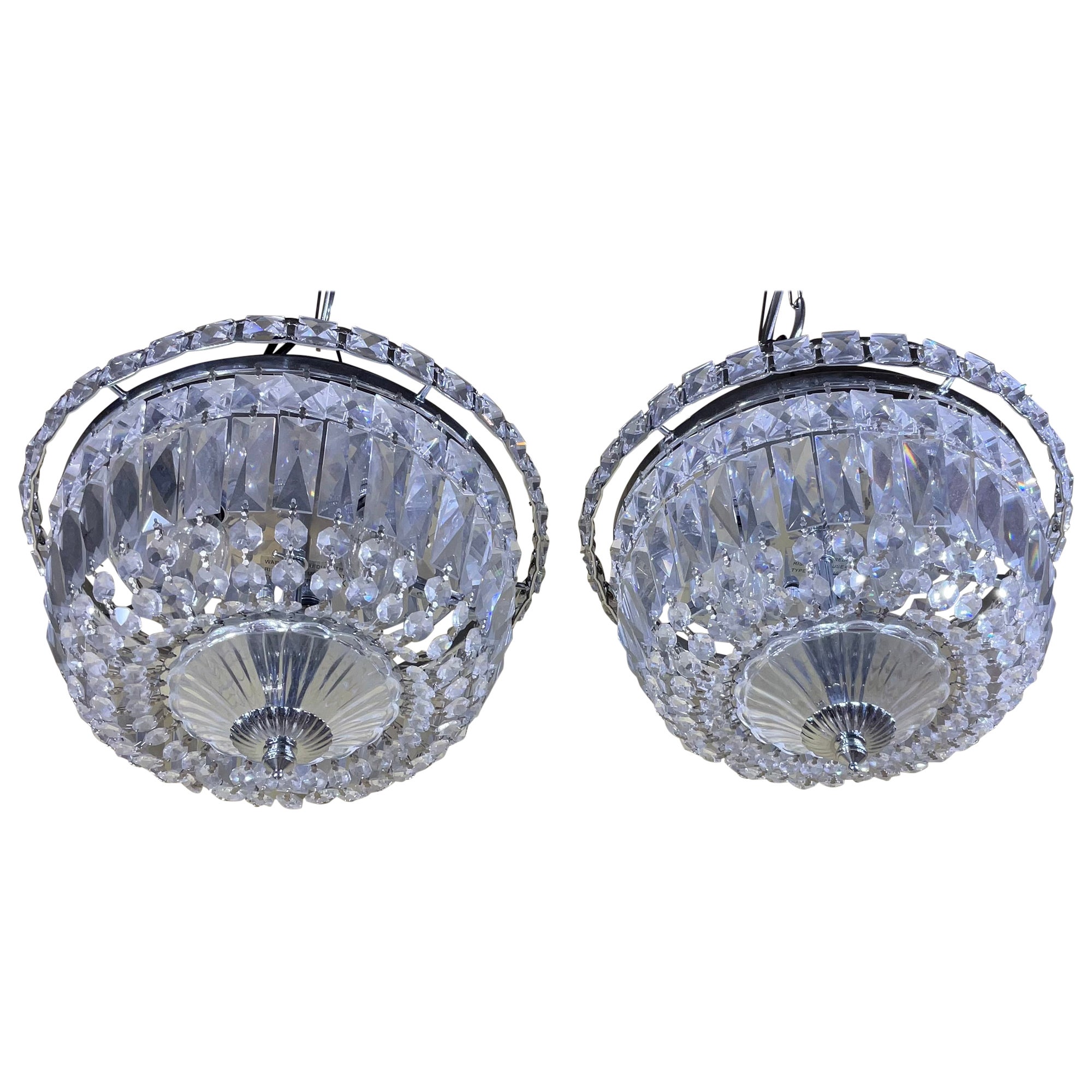 Pair Of 1940's Hollywood Style Crystal Drop-Down Flush Mount Chandelier For Sale