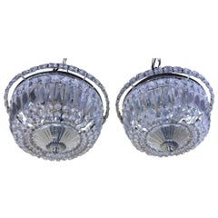 Pair Of 1940's Hollywood Style Crystal Drop-Down Flush Mount Chandelier
