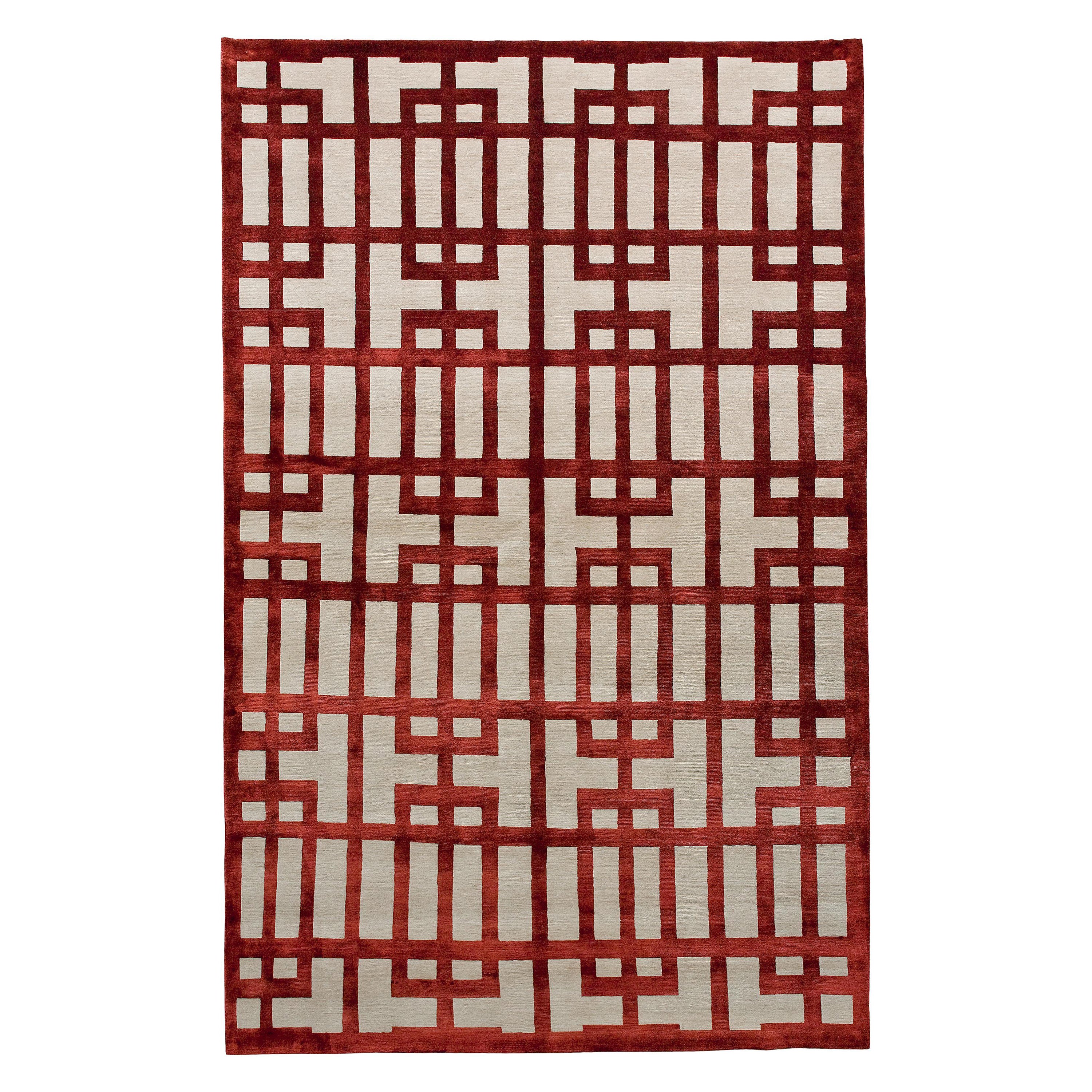 Luxury Modern Hand-Knotted Adaptations Gated Lattice Garnet 12x16 Rug For Sale