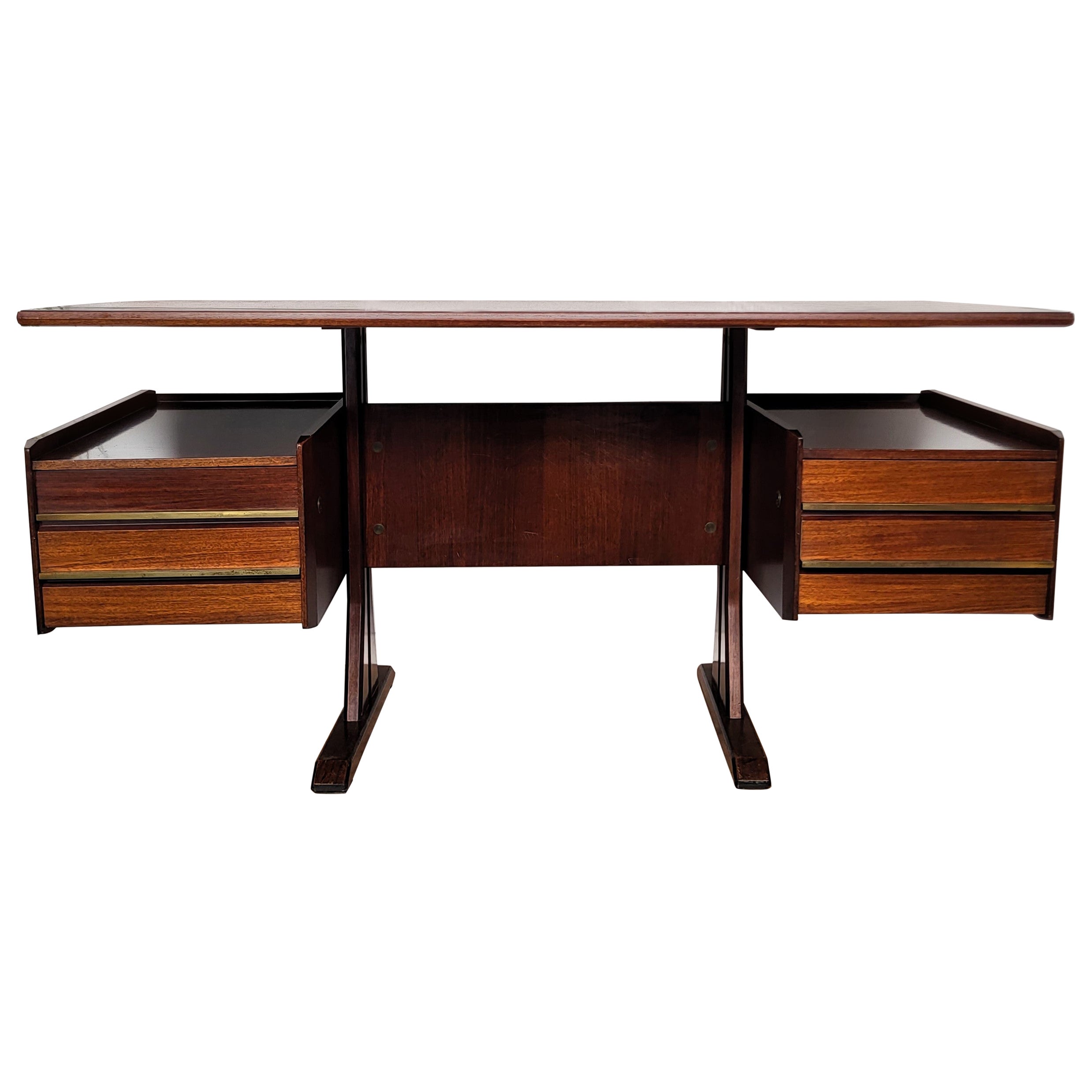 1950s Mid-Century Italian Wood and Brass Floating Executive Writing Desk Table For Sale