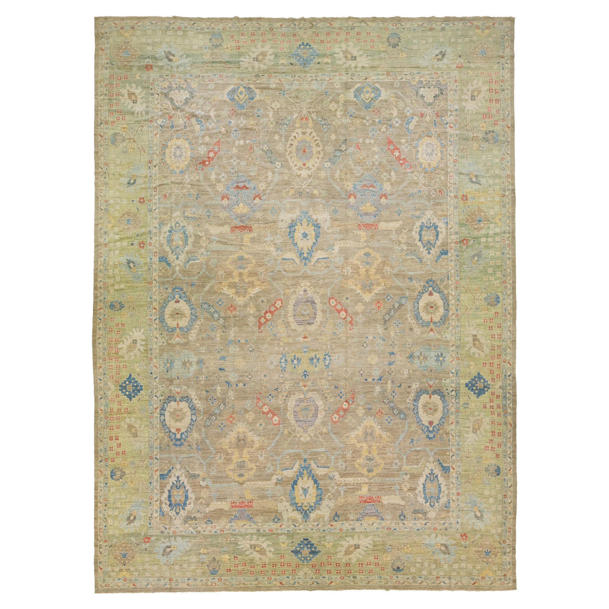  Floral Handmade Modern Sultanabad Wool Rug Oversize In Brown & Green For Sale