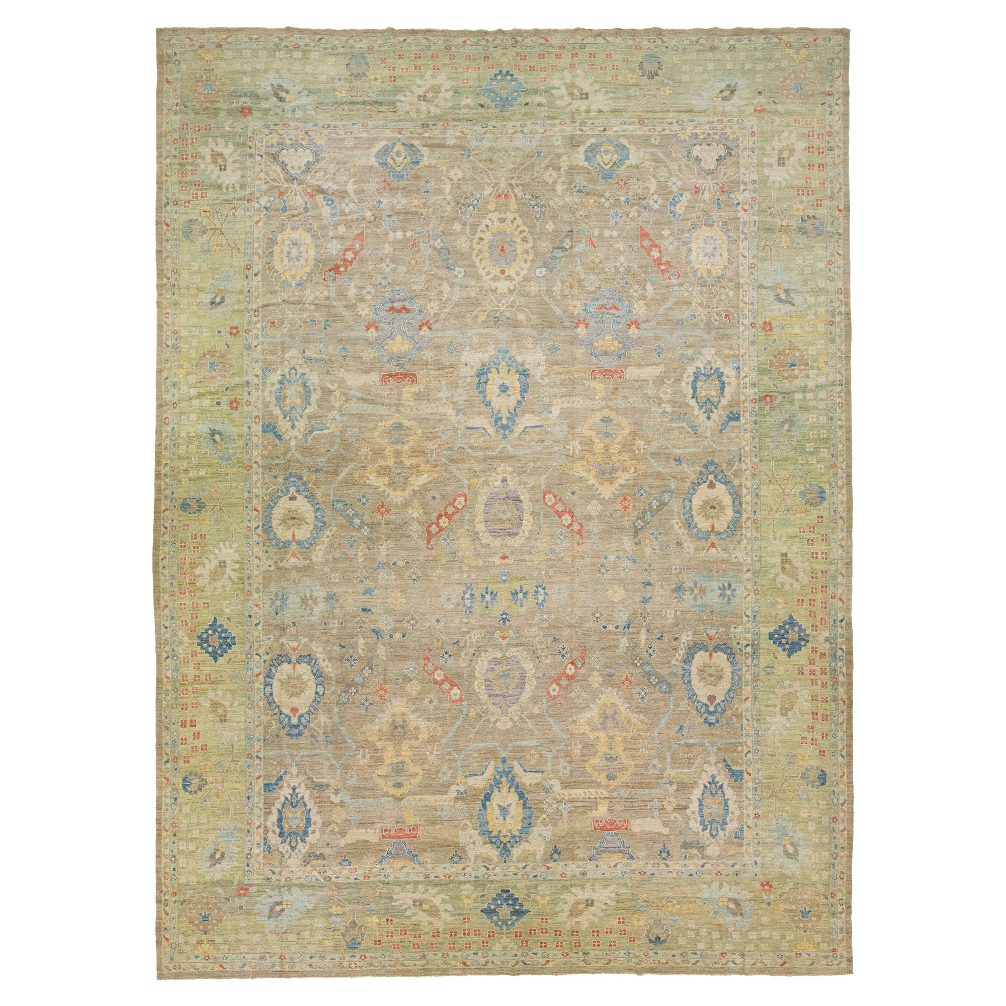 Floral Handmade Modern Sultanabad Wool Rug Oversize In Brown & Green
