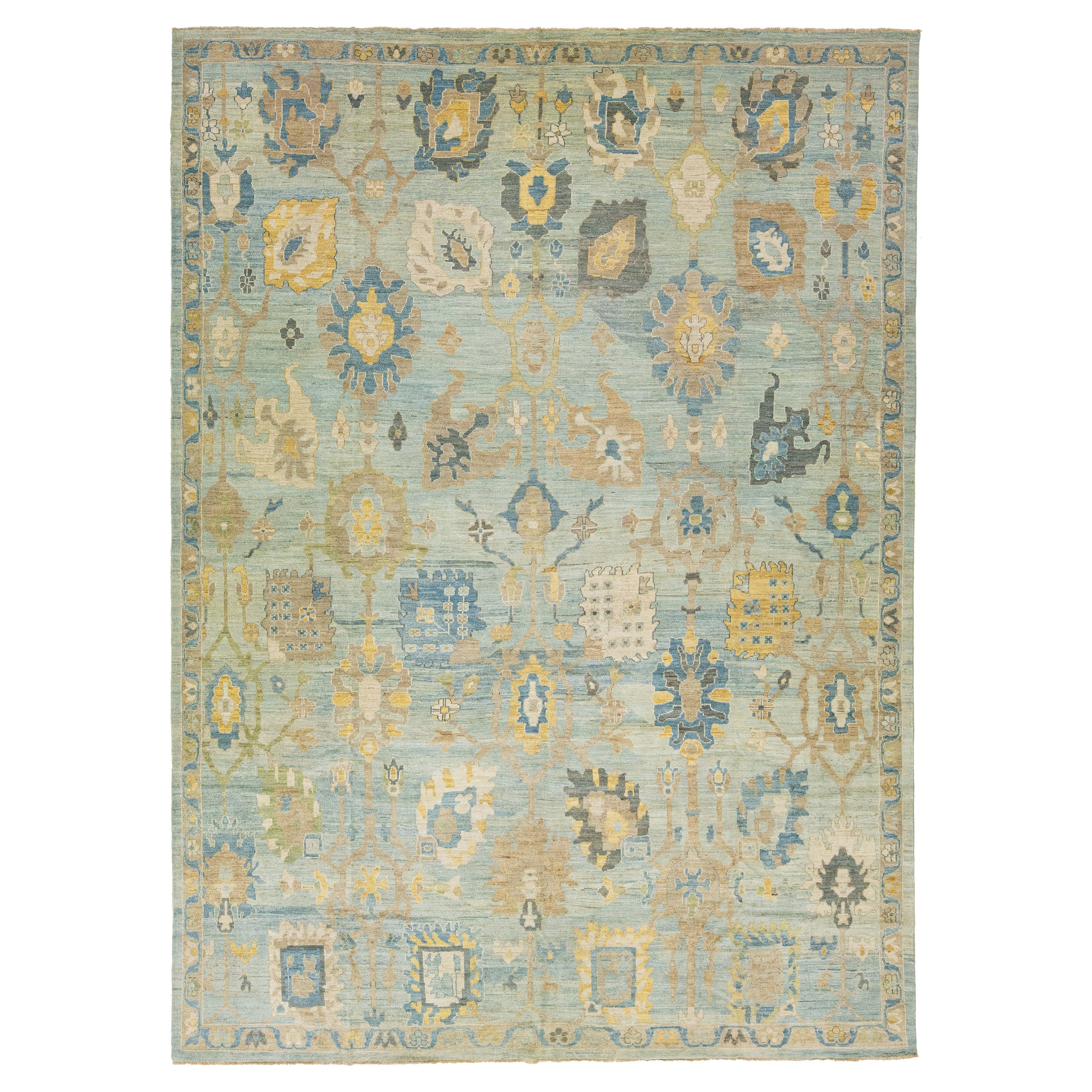 Modern Sultanabad Blue Wool Rug Handmade Allover Floral  For Sale
