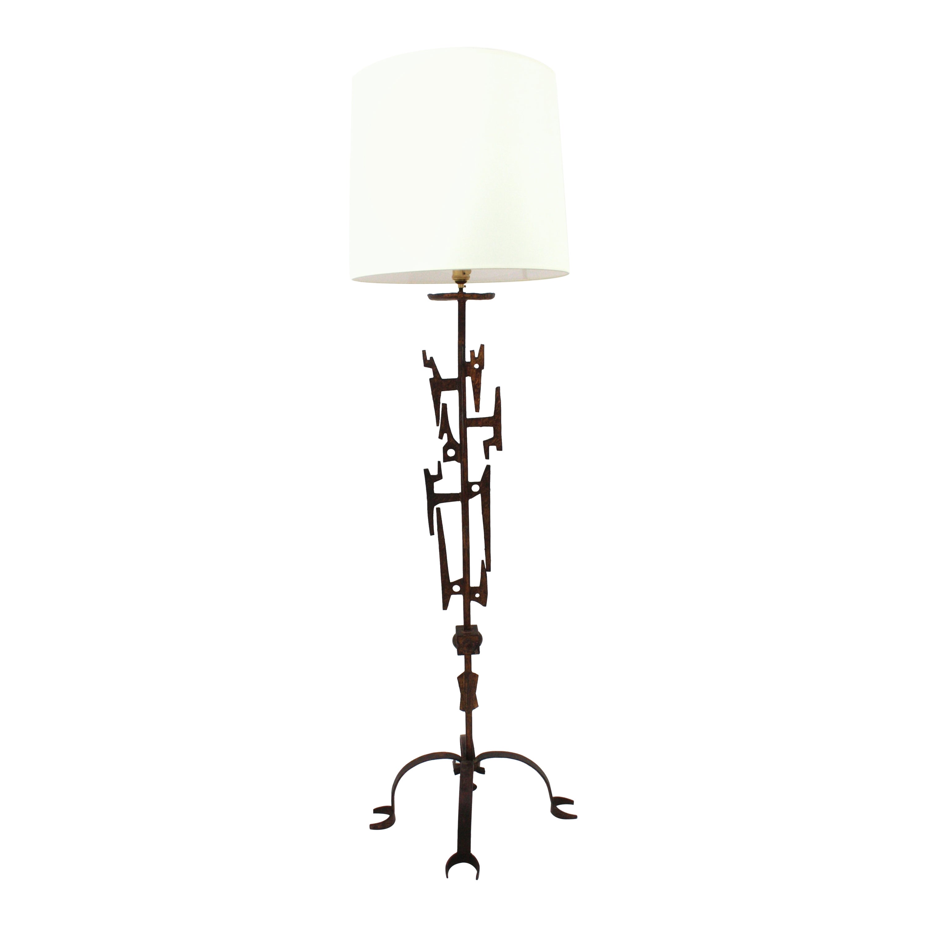 Paul Evans Style Brutalist Gilt Iron Floor Lamp, 1950s