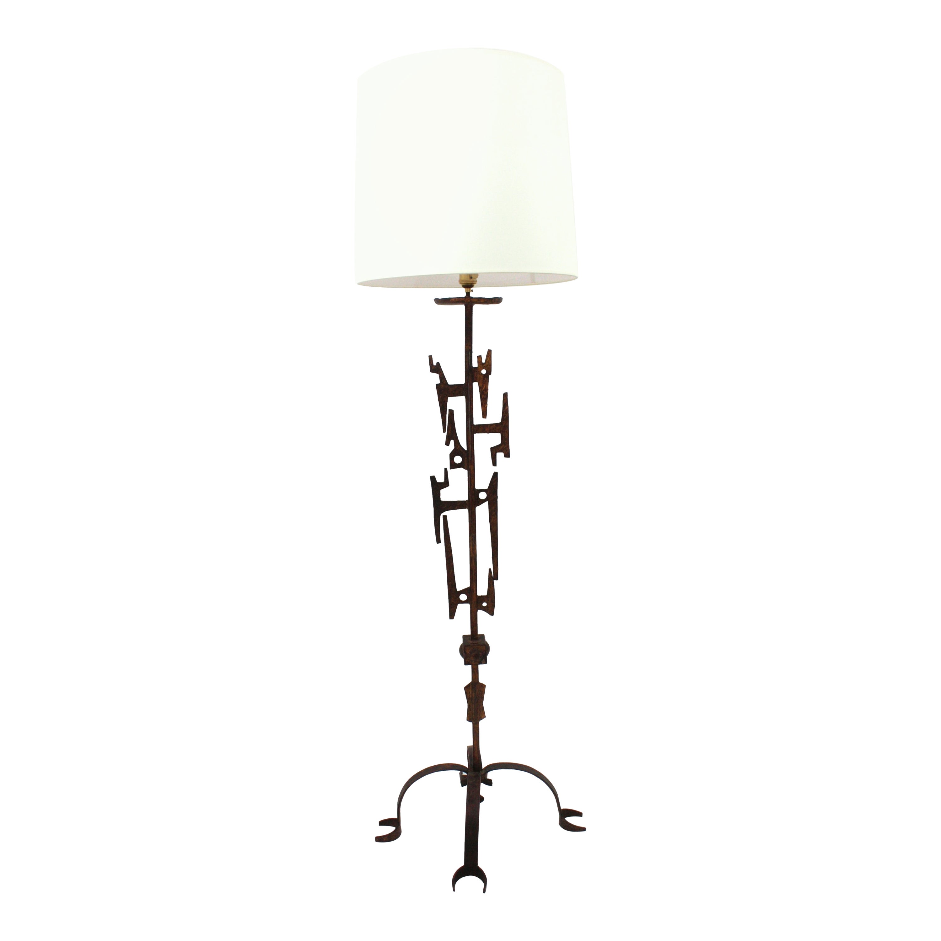 Paul Evans Style Brutalist Gilt Iron Floor Lamp