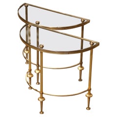 Retro Pair Mid-Century French Brass & Glass Demi-Lune Side Tables Maison Baguès Style