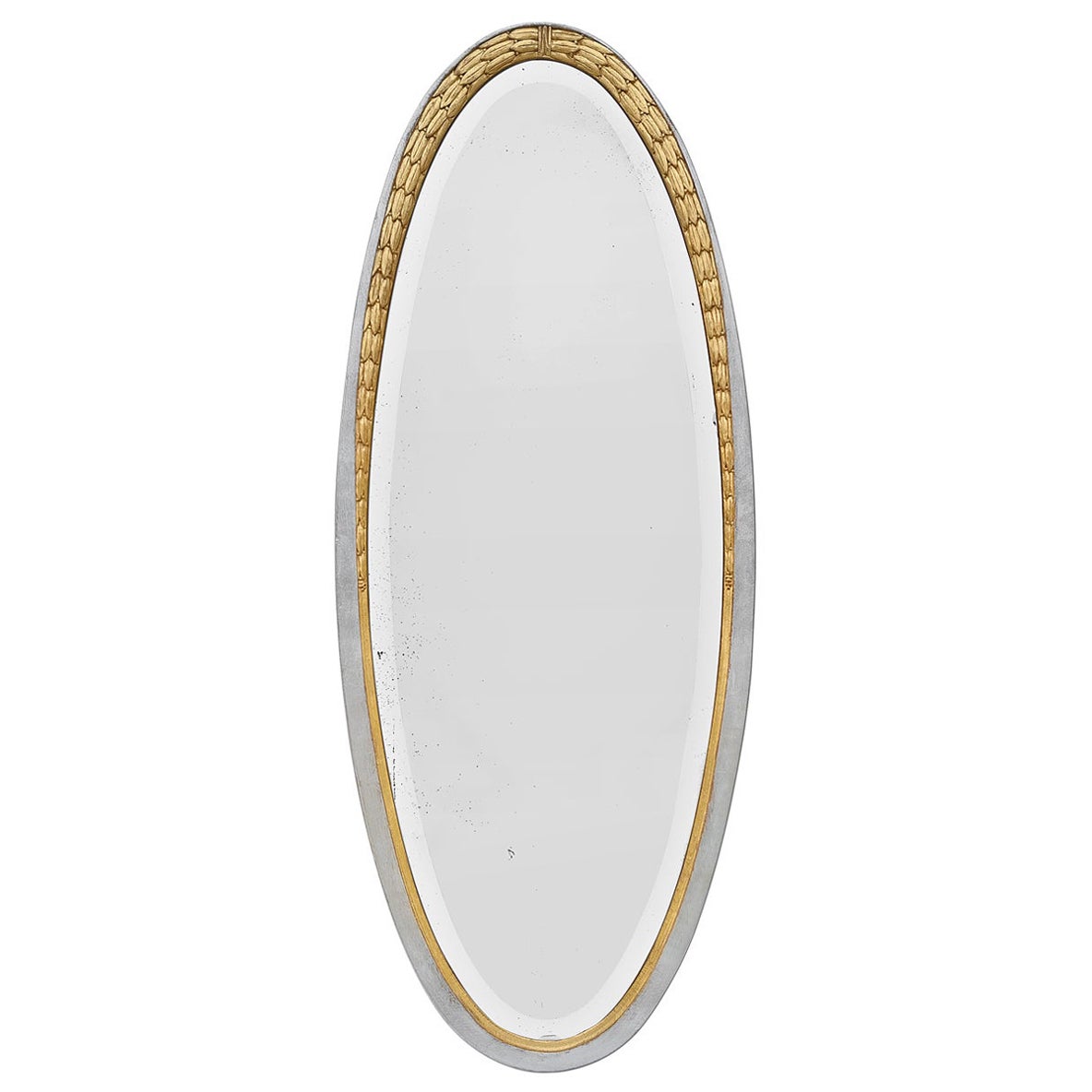 Großer antiker ovaler Spiegel aus der Zeit des Art déco, aus dem Jahr 1928. Vergoldet & versilbert. im Angebot