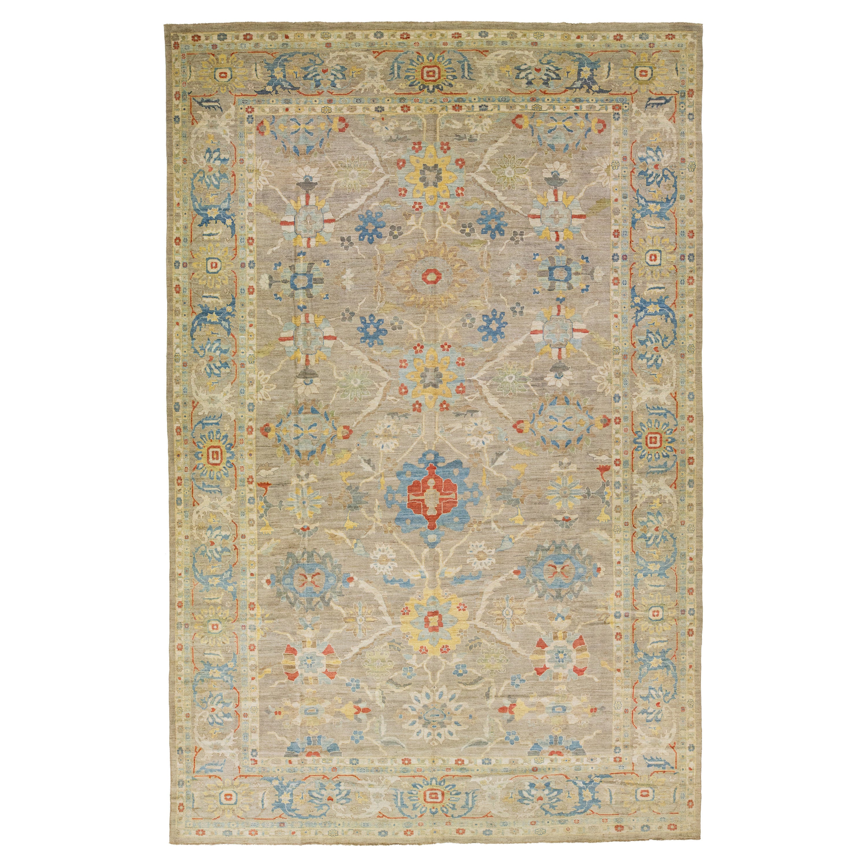 Modern Oversized Sultanabad Brown Wool Rug Handmade Allover Floral Motif  For Sale