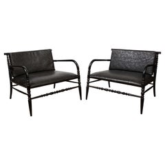 Pair of Low American Lounge Chairs in Black Embossed Leather