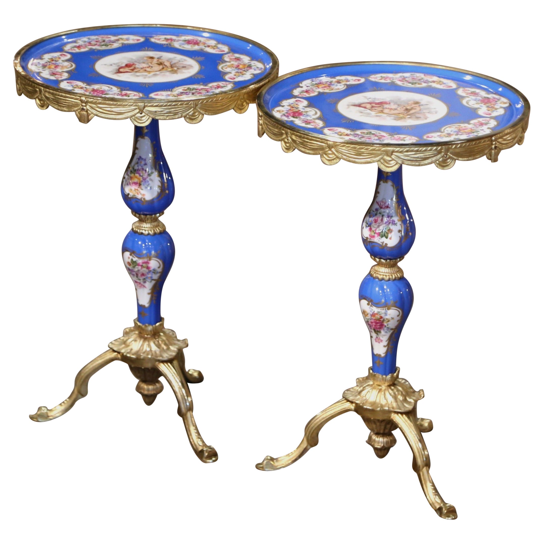 Pair of Mid-Century French Sevres Porcelain and Bronze Dore Martini Side Tables