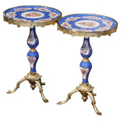 Vintage Pair of Mid-Century French Sevres Porcelain and Bronze Dore Martini Side Tables