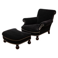 George Smith Studio Chair and Matching Ottoman in Black Velvet