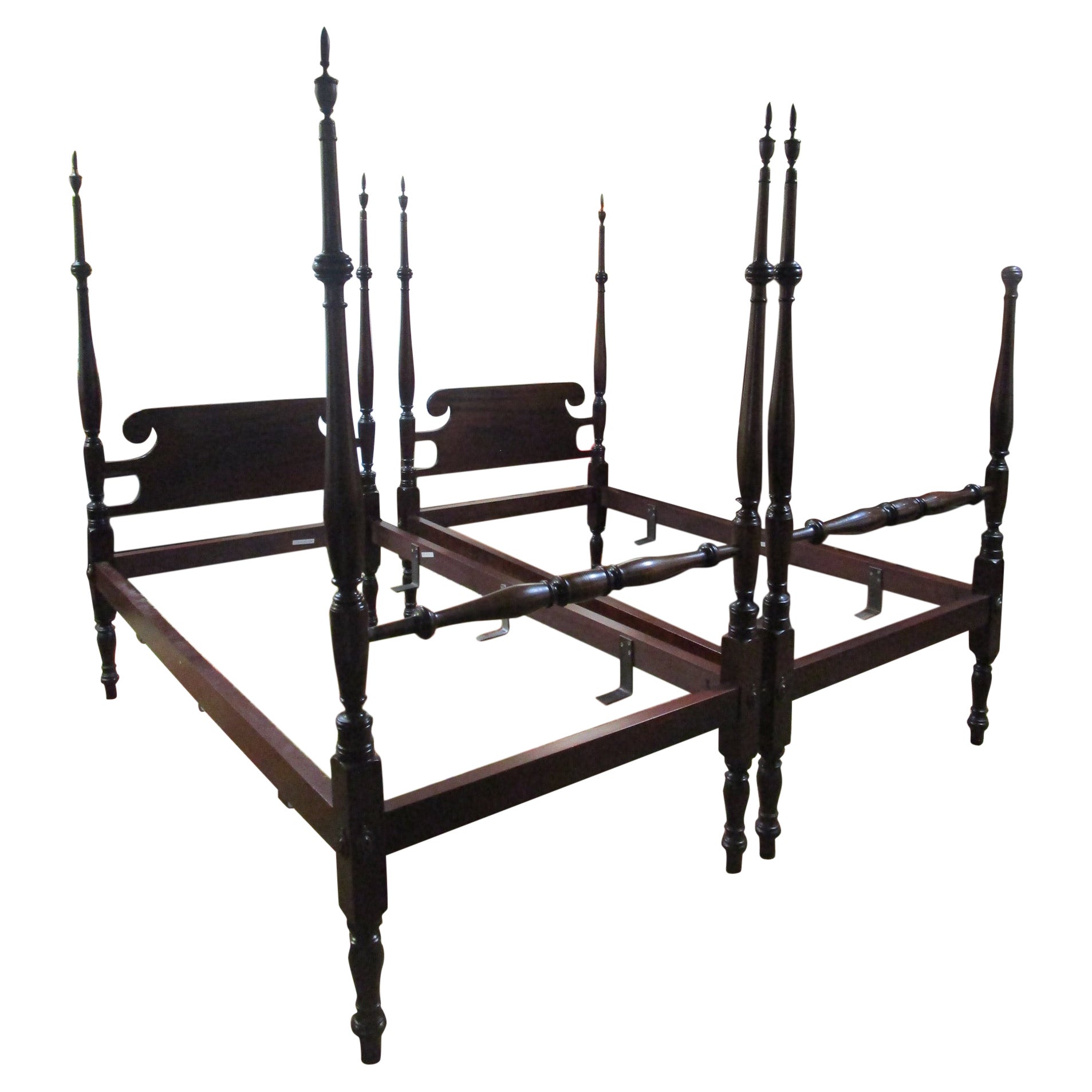 Pair Sheraton Style Mahogany Antique High Four Poster Beds For Sale at