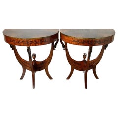 Early 20th C.Pair of Petite Wood and Faux Console Tables W/ Swan & Urn Carving
