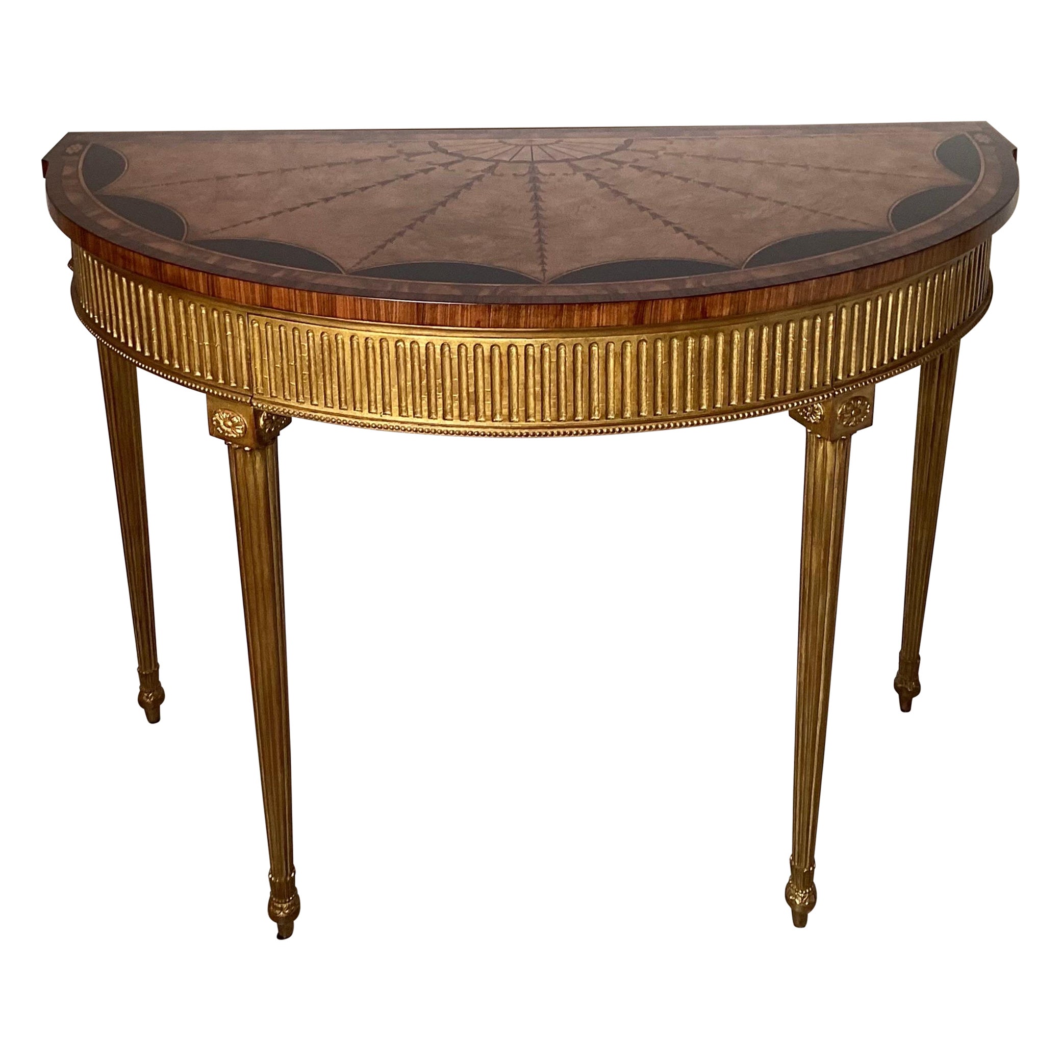 An Adam Style Giltwood Mahogany and Satinwood Demilune Console Table  For Sale