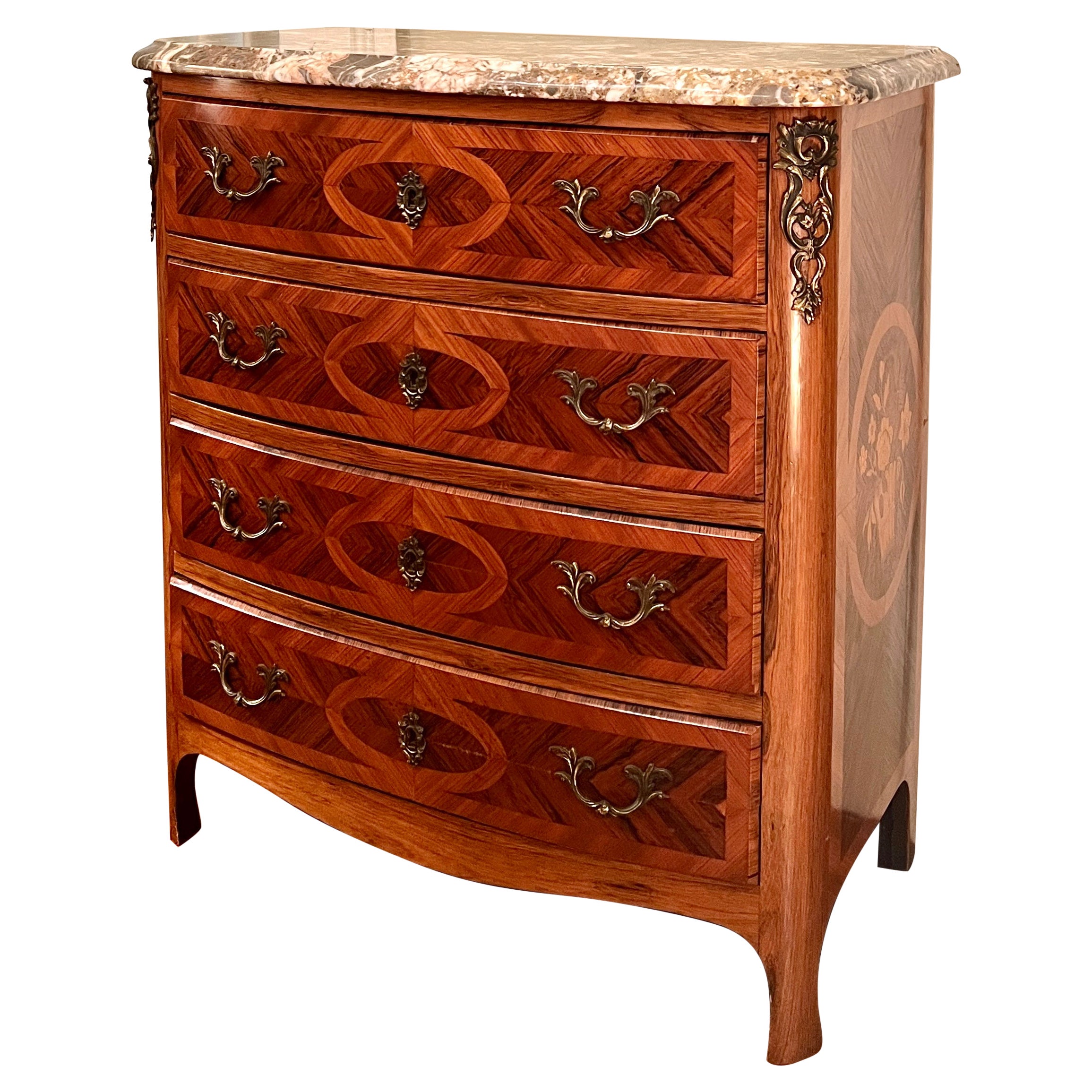 Antique French Marble Top Rosewood Chest with Satinwood Inlay, Circa 1900. For Sale