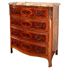 Antique French Marble Top Rosewood Chest with Satinwood Inlay, Circa 1900.