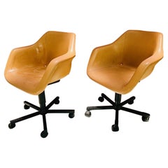 Retro PRrhodes pair of brazilian synthetic brown leather and metal rolling chairs 1970