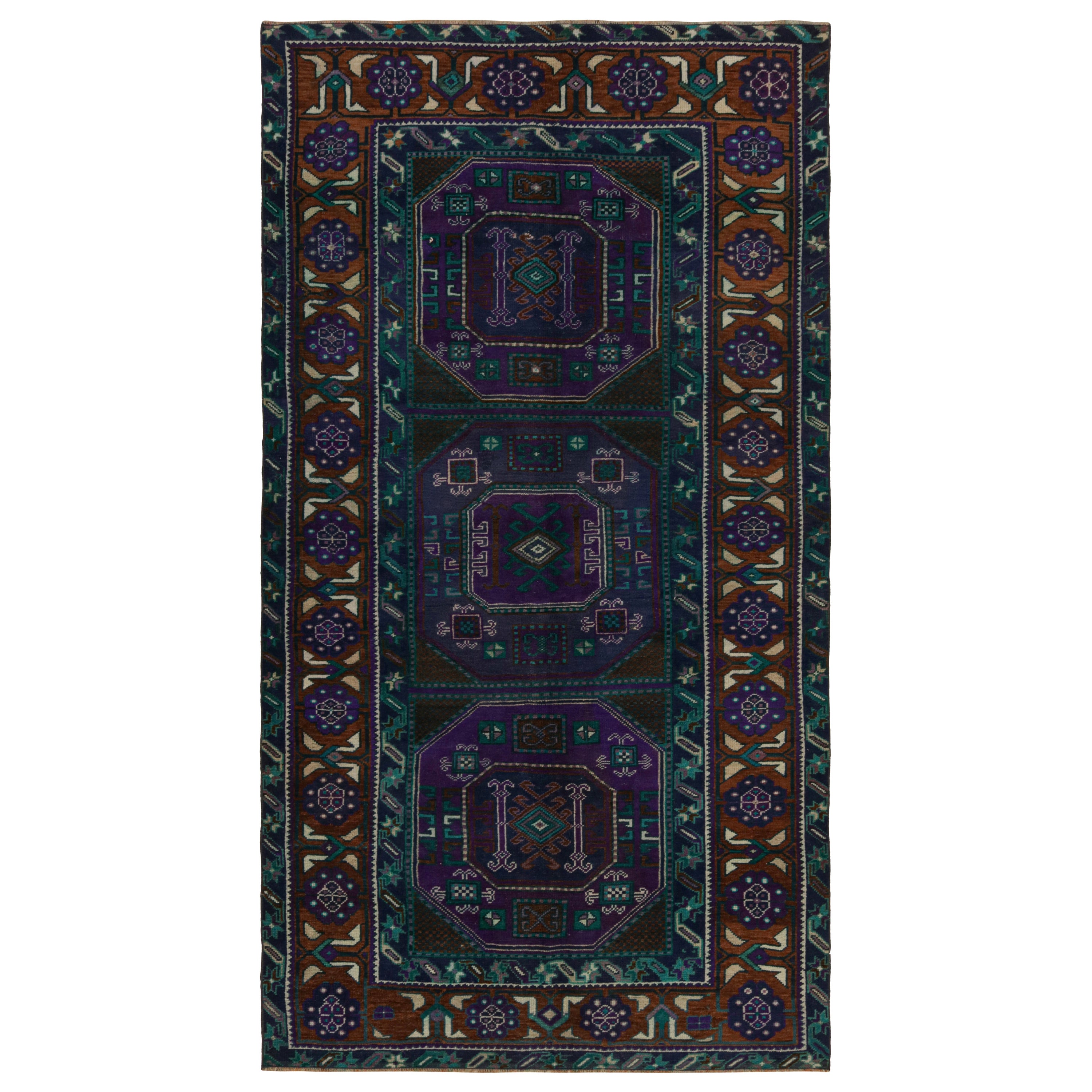 Rare Vintage Oushak Runner Rug in Teal, with Geometric Pattern from Rug & Kilim For Sale
