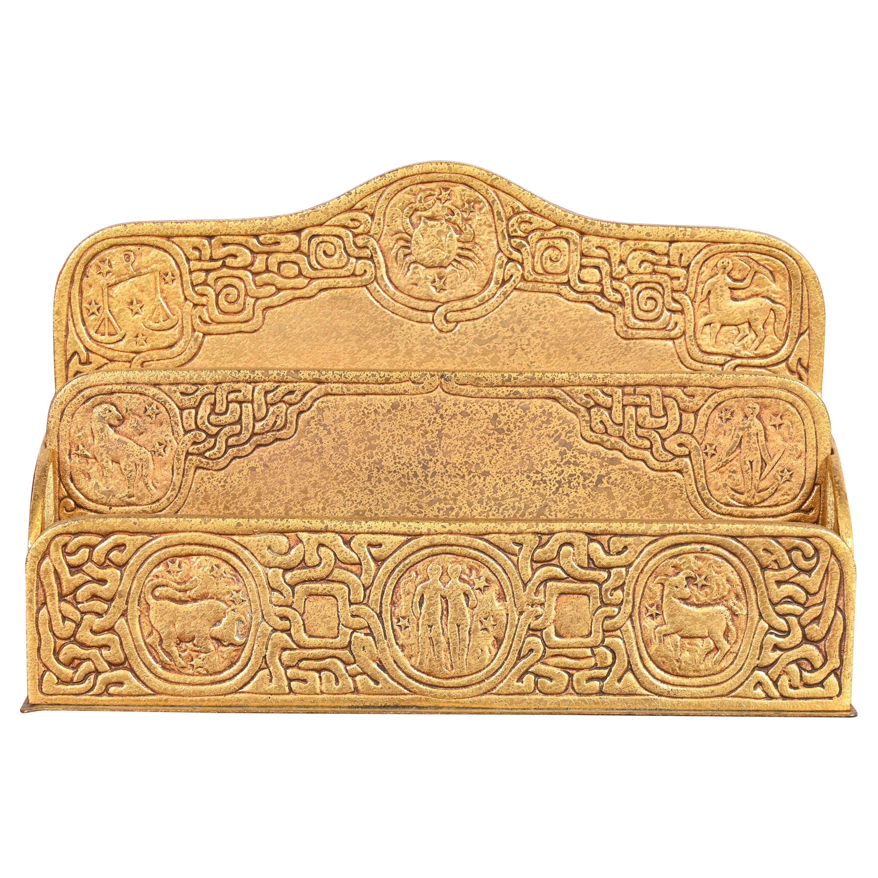 Tiffany Studios New York 'Zodiac' Bronze Doré Letter Rack For Sale