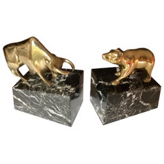 Vintage Brass and Marble Bear and Bull Bookends