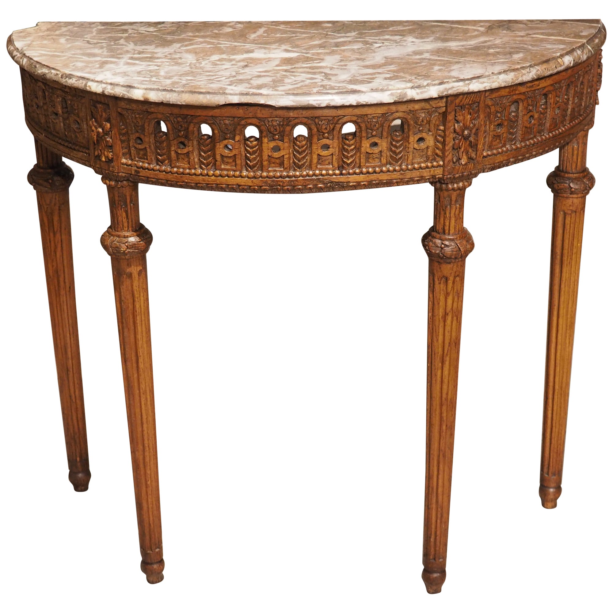 Period French Louis XVI Carved Oak and Marble Demi Lune Console Table, C. 1785
