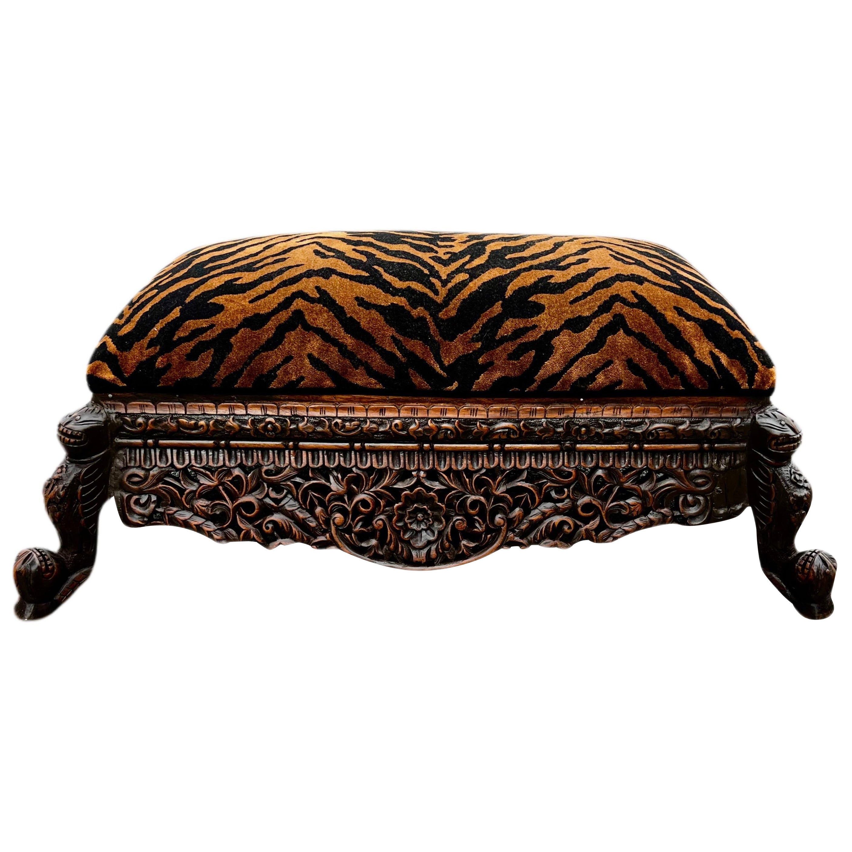 Refinished Late 19th Century Anglo-Indian Heavily Carved Tiger Velvet Ottoman  im Angebot