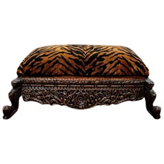 Antique Refinished Late 19th Century Anglo-Indian Heavily Carved Tiger Velvet Ottoman 