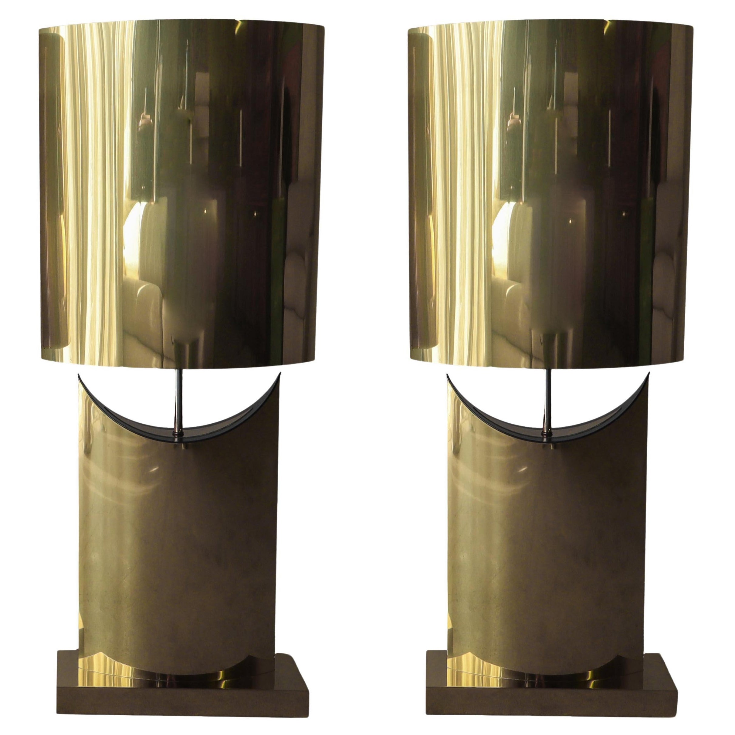 Monumental Pair of Brass Table Lamps by Curtis Jere For Sale