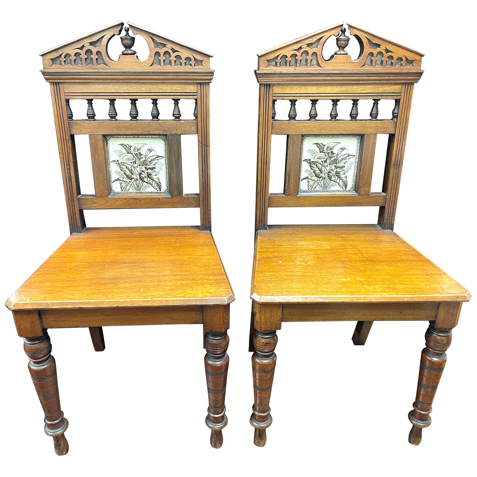 PAIR Antique English Walnut, Ash and ceramic tile Gothic style Hall Chairs For Sale