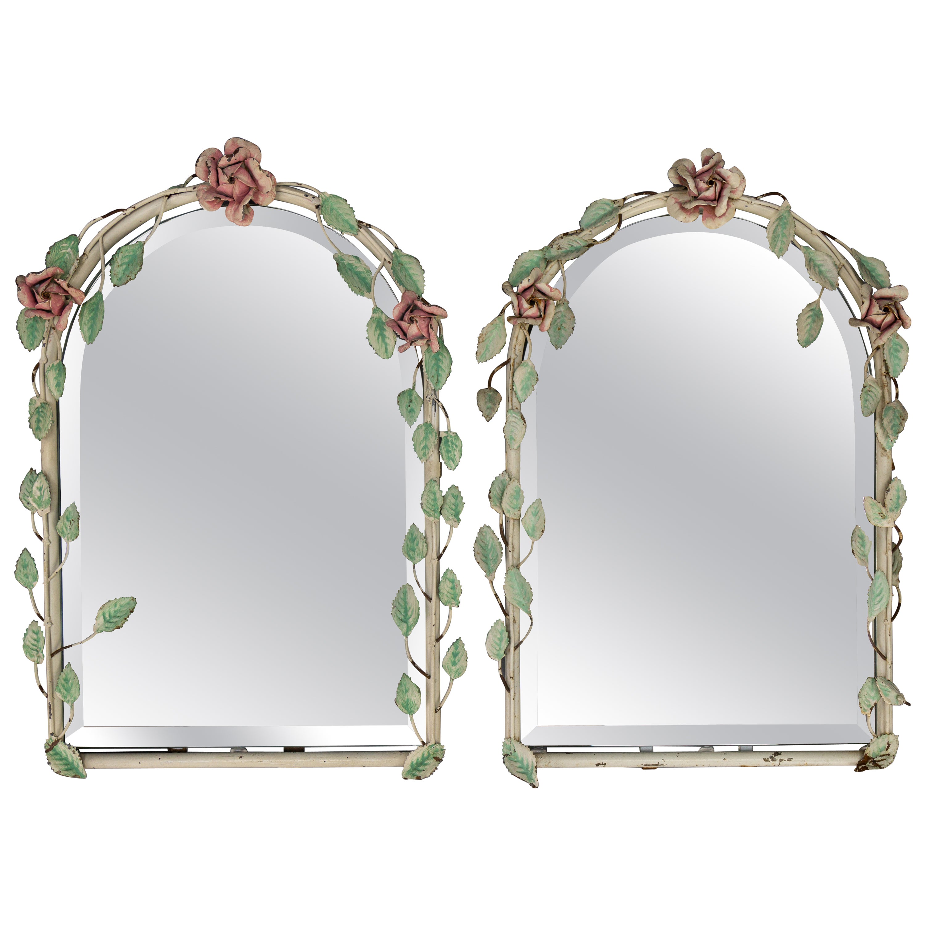 Pair of Italian Painted Tole Flower Wall Mirrors, 1950s