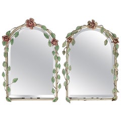 Used Pair of Italian Painted Tole Flower Wall Mirrors, 1950s