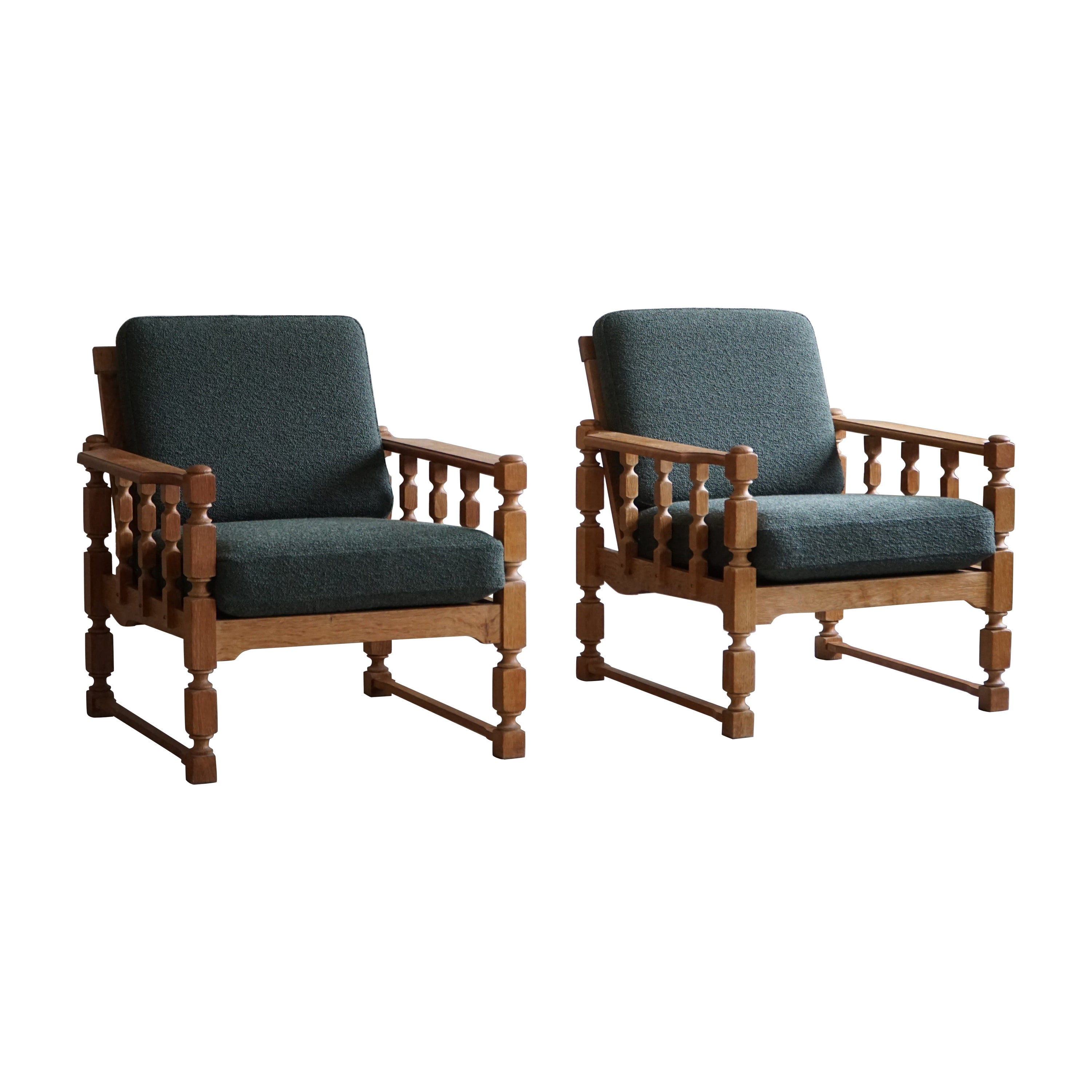 Pair of Lounge Chairs in Oak & Green Bouclé, Henning Kjærnulf style, 1960s For Sale