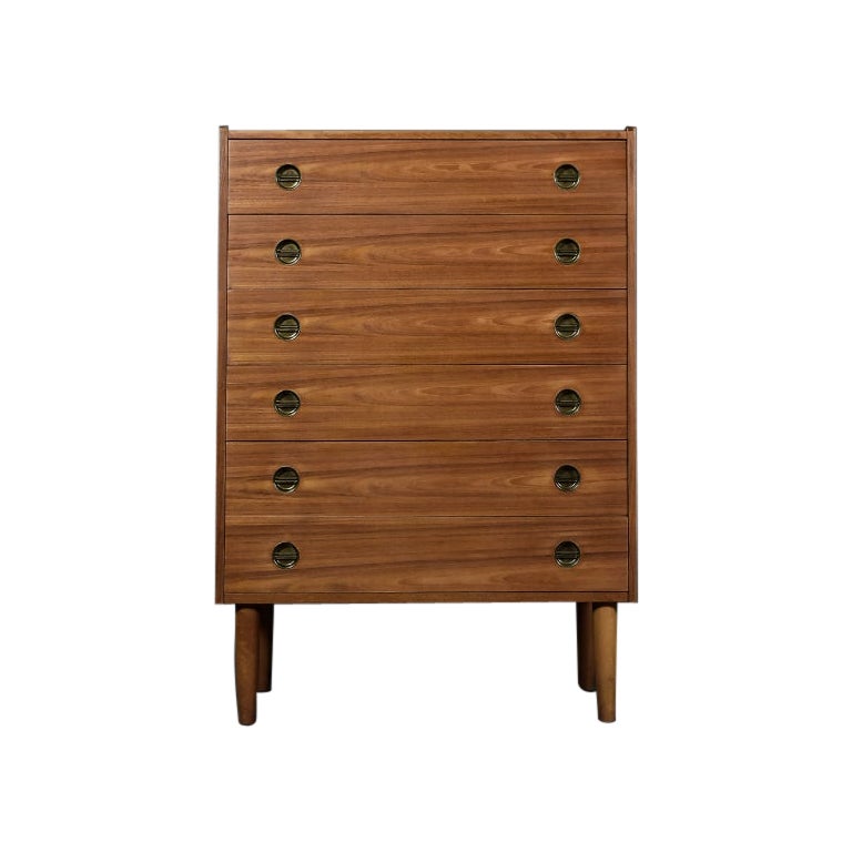 Mid-Century Danish Modern High Teak Highboy Chest of Drawers with Brass Handles