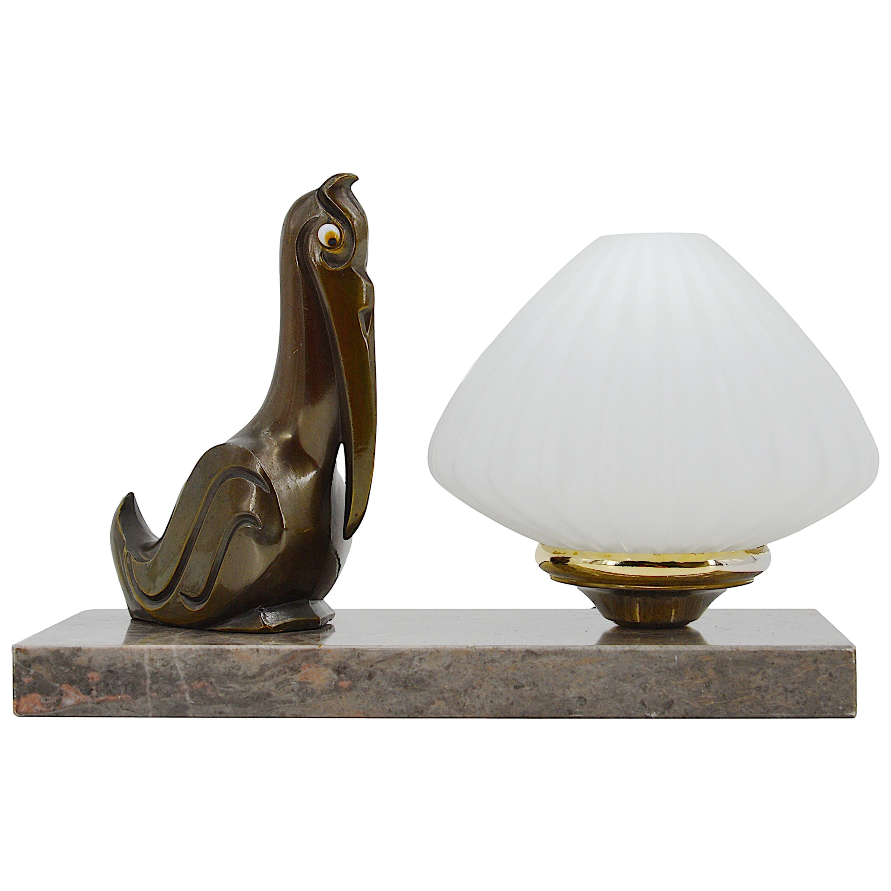 Französische Pelikan-Tischlampe im Art déco-Stil, Nachtleuchte, 1930er Jahre