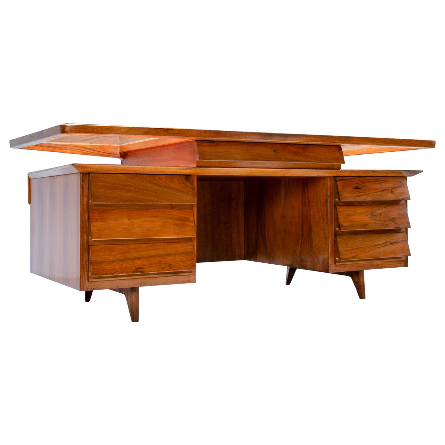 Writing Desk by Silvio Cavatorta in Solid Walnut and Glass, Italy, 1950's For Sale