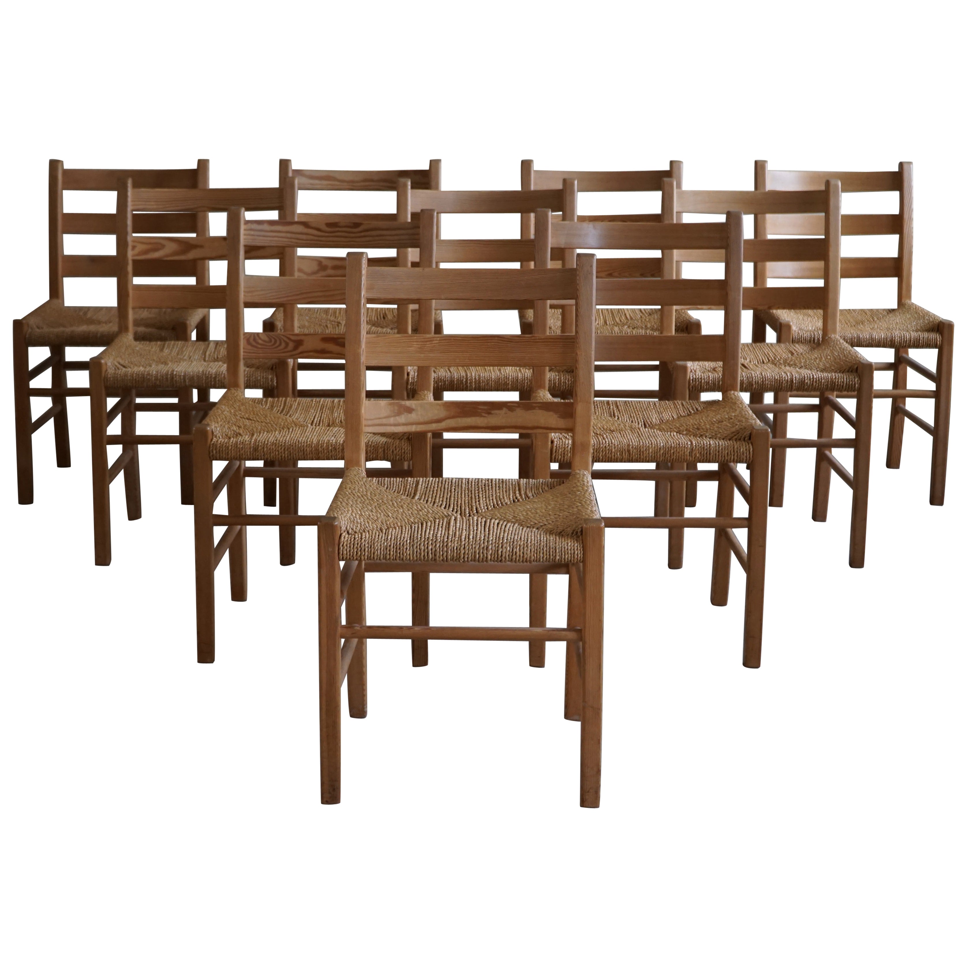 Set of 10 Dining Chairs in Pine & Seagrass Seats, Danish Mid Century, 1960s For Sale