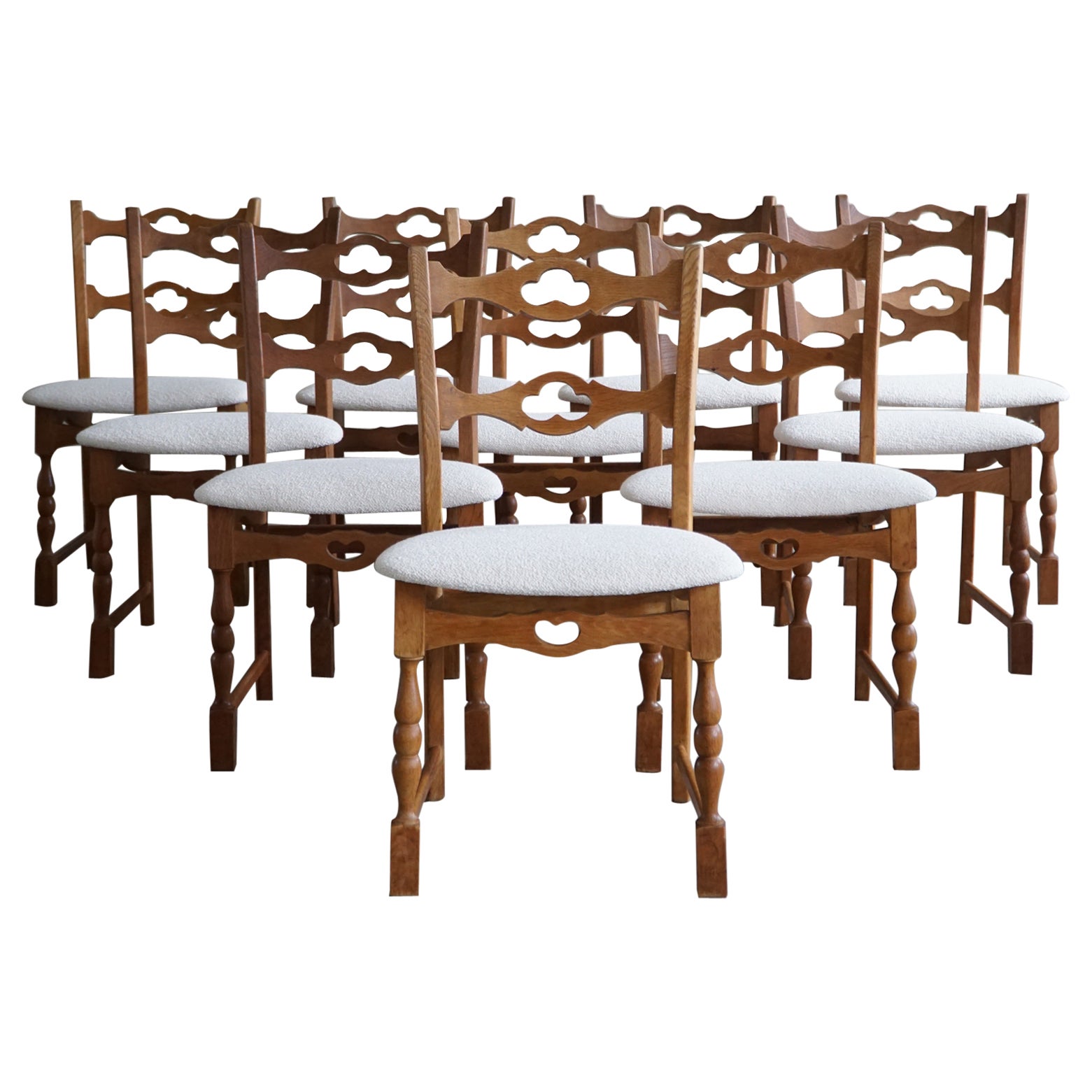 Set of 10 Dining Chairs in Oak & Bouclé, Henning Kjærnulf, Danish Modern, 1960s