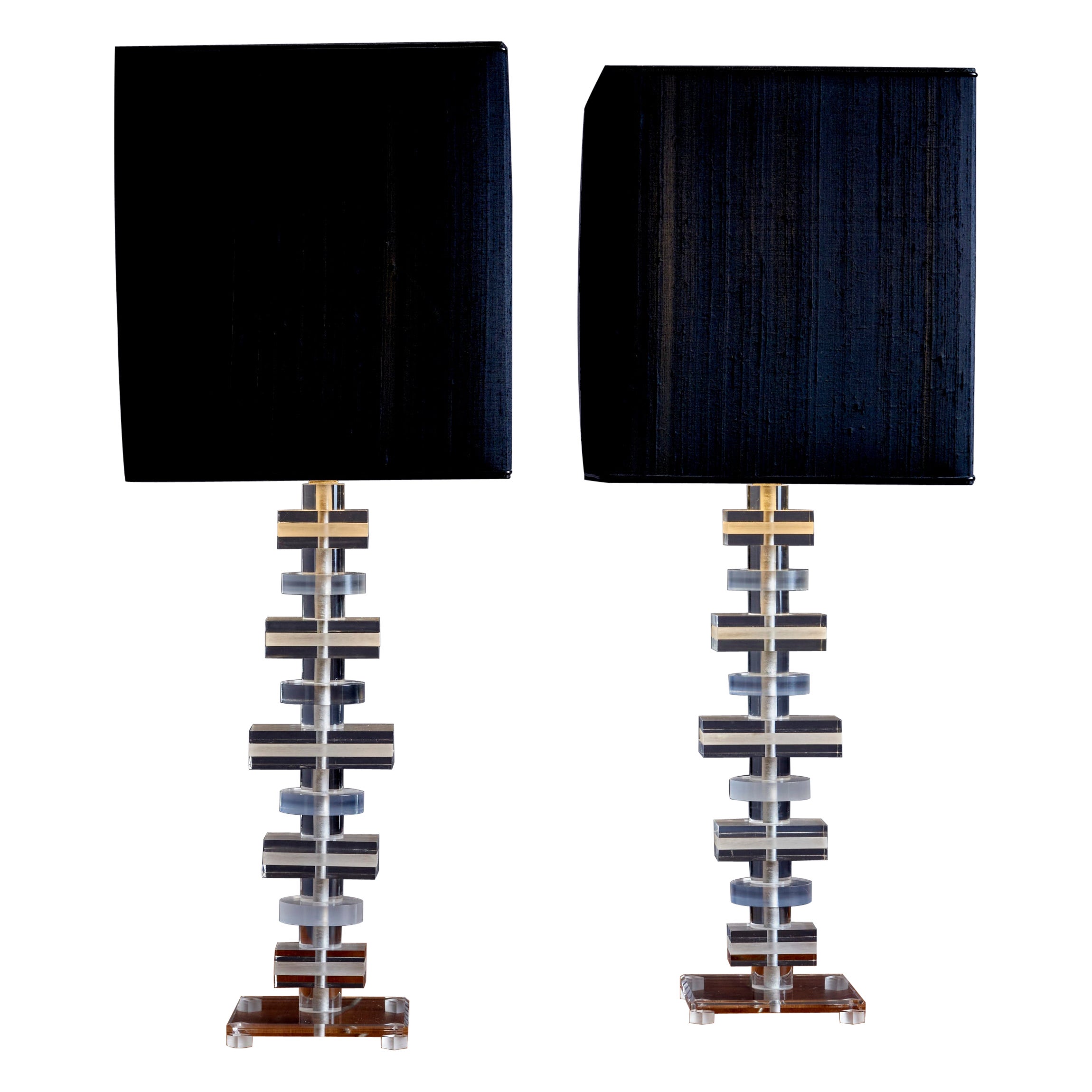 Table Lamp Pair Plexiglass with black shade in the style of Karl Springer 1970s For Sale