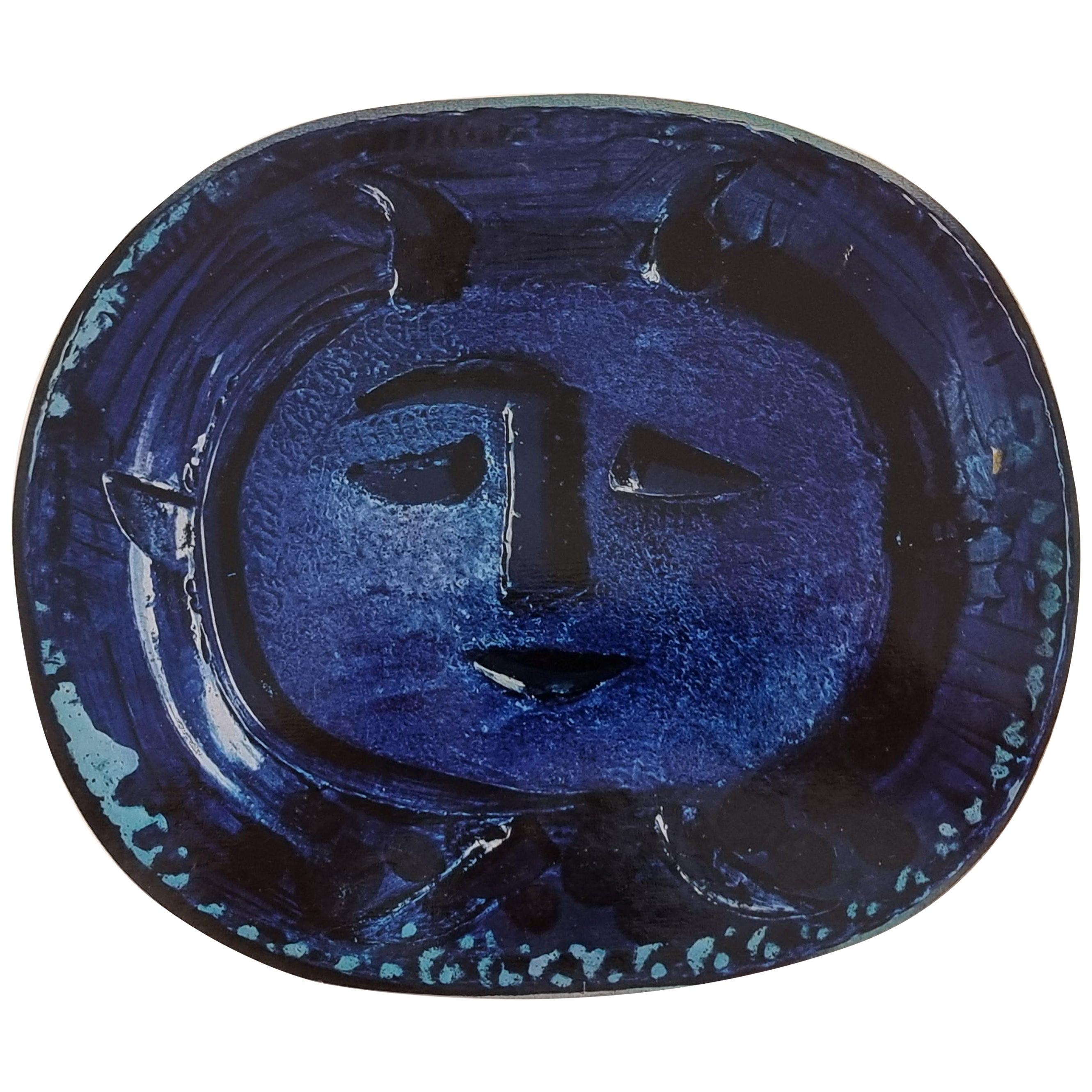 Albert Skira Print of Face in Blue, Ceramic Plate from "Céramiques De Picasso" 