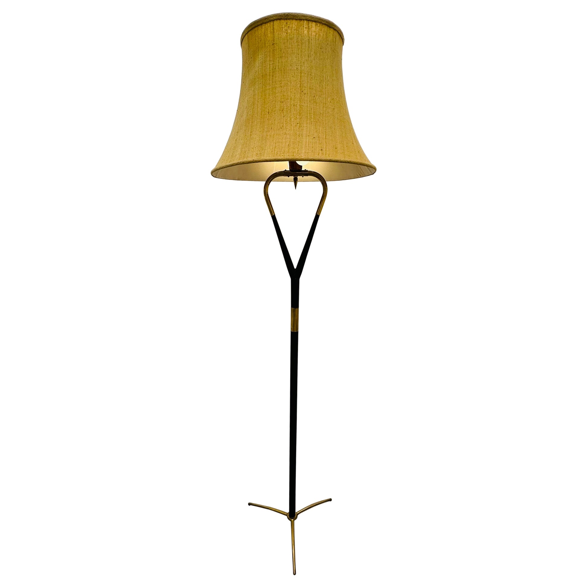1950s Mid Century Italian Brass & Black Lacquered Wood Tripod Floor Lamp