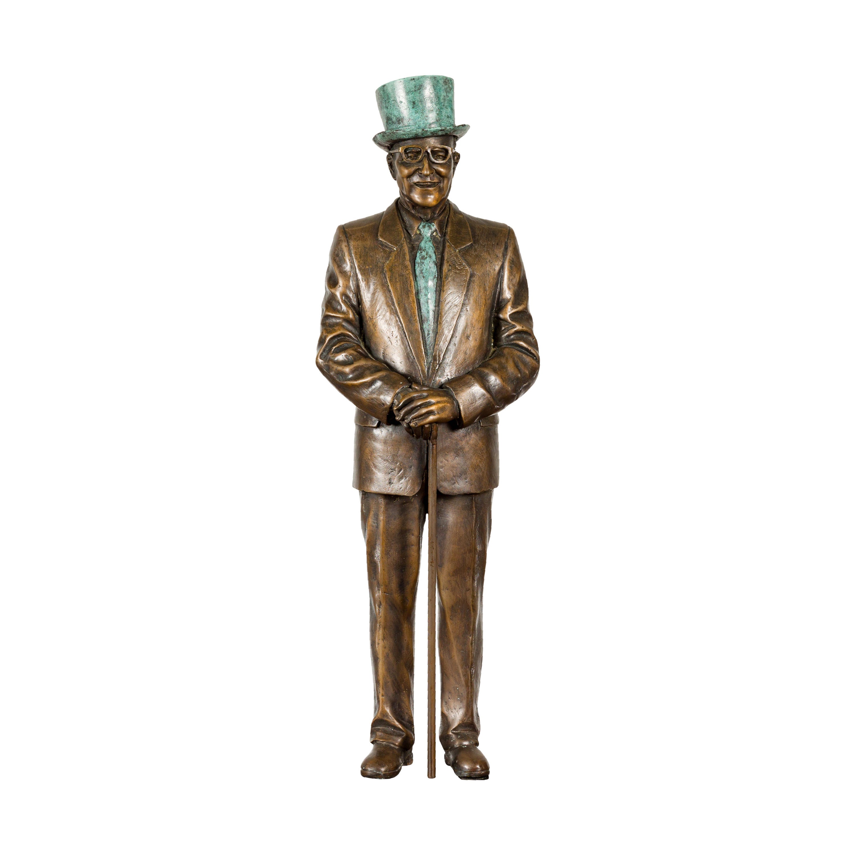 Man Wearing Top Hat Bronze Tabletop Statuette with Gold and Verdigris Patina